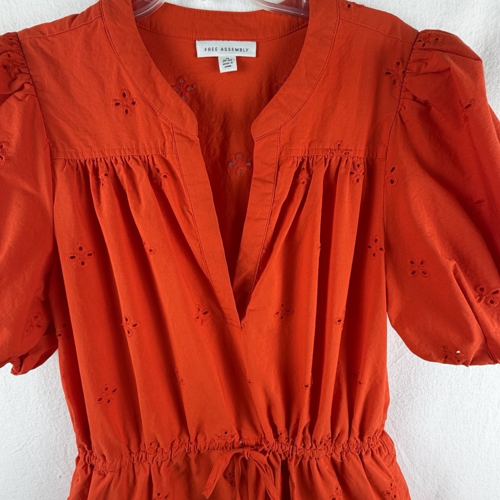 Free Assembly 100%‎ Cotton Eyelet Tiered Mini Dress Orange Puff Sleeve Cottage - Picture 5 of 10